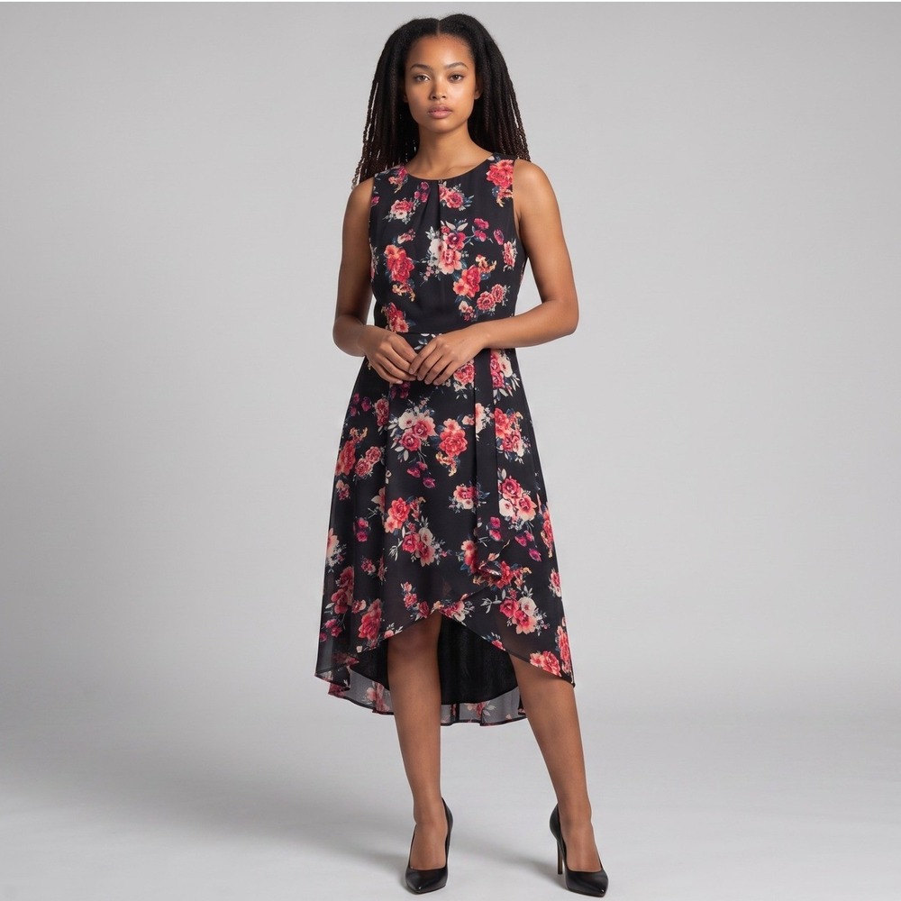 Elle Womens Floral Sleeveless High-Low Midi Dress Black Pink Orange Size 12